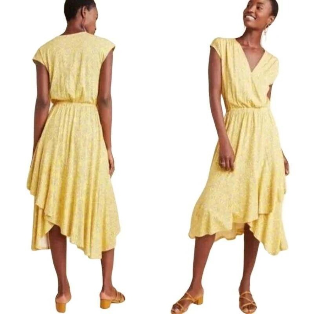 Anthropologie Maeve Fete Faux Wrap Handkerchief Midi Dress Yellow Geometric M